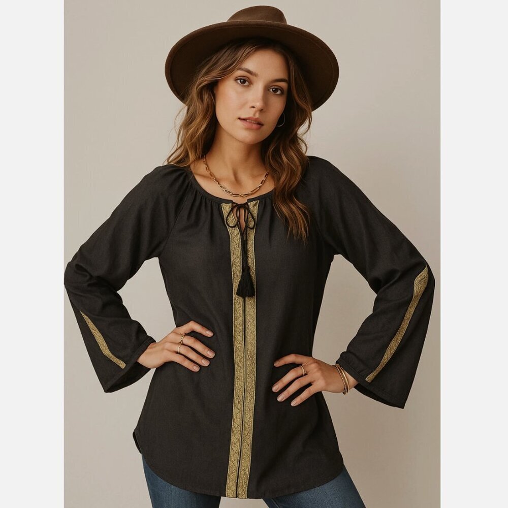 Anthropologie Calligraphie Boho Gold Tunic Blouse Small Gypsy Indie Black Small